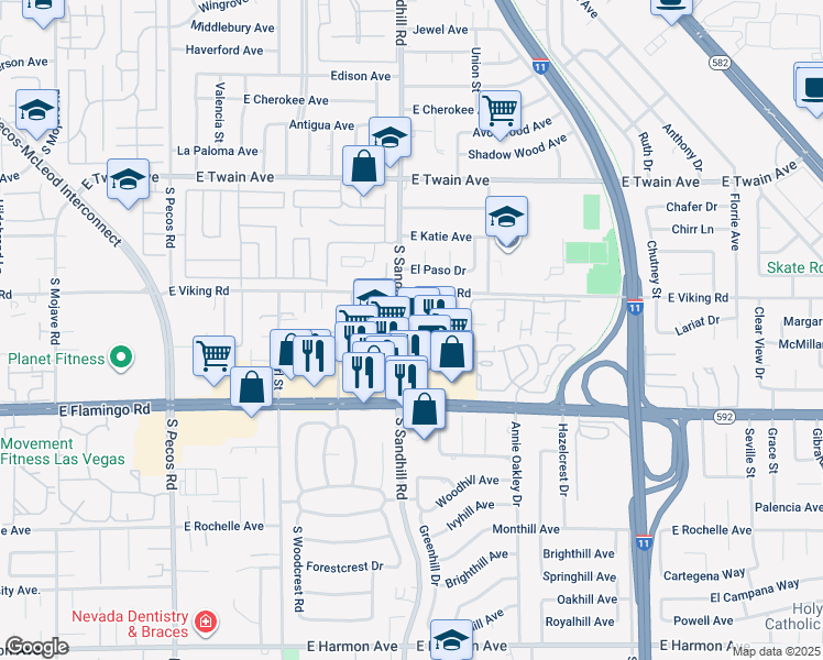 map of restaurants, bars, coffee shops, grocery stores, and more near 3776 East Flamingo Road in Las Vegas