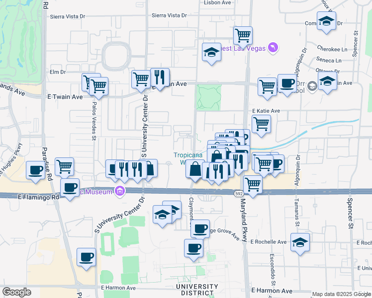 map of restaurants, bars, coffee shops, grocery stores, and more near 3927 Cambridge Street in Las Vegas