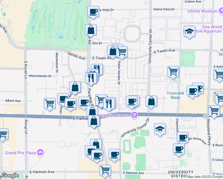 map of restaurants, bars, coffee shops, grocery stores, and more near 496 Albert Avenue in Las Vegas