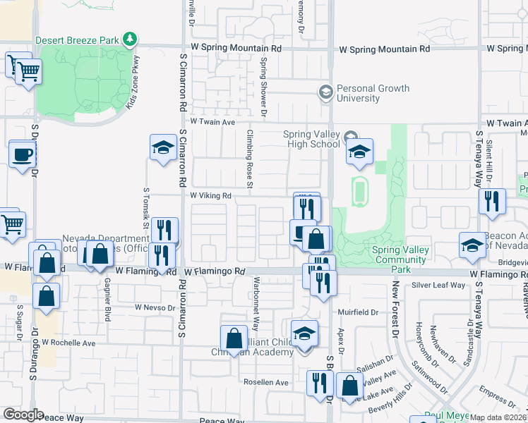 map of restaurants, bars, coffee shops, grocery stores, and more near 7950 West Flamingo Road in Las Vegas
