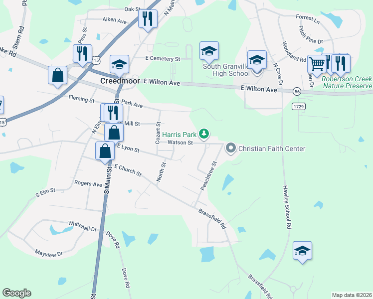 map of restaurants, bars, coffee shops, grocery stores, and more near 315 East Lyon Street in Creedmoor