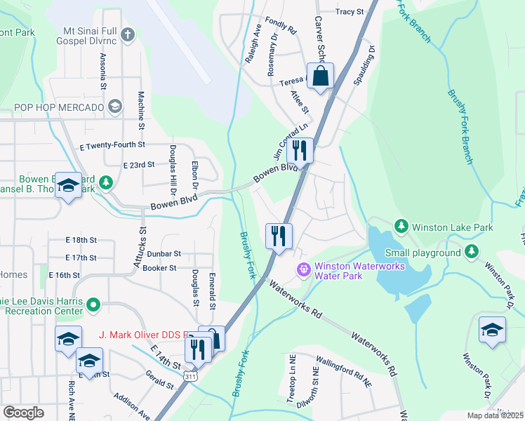 map of restaurants, bars, coffee shops, grocery stores, and more near 1029 New Walkertown Road in Winston-Salem