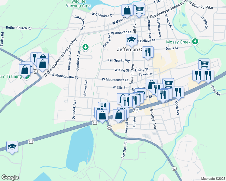 map of restaurants, bars, coffee shops, grocery stores, and more near 1427 Russell Ave in Jefferson City