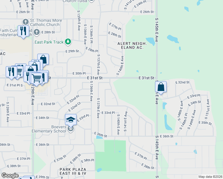 map of restaurants, bars, coffee shops, grocery stores, and more near 3221 South 140th East Avenue in Tulsa