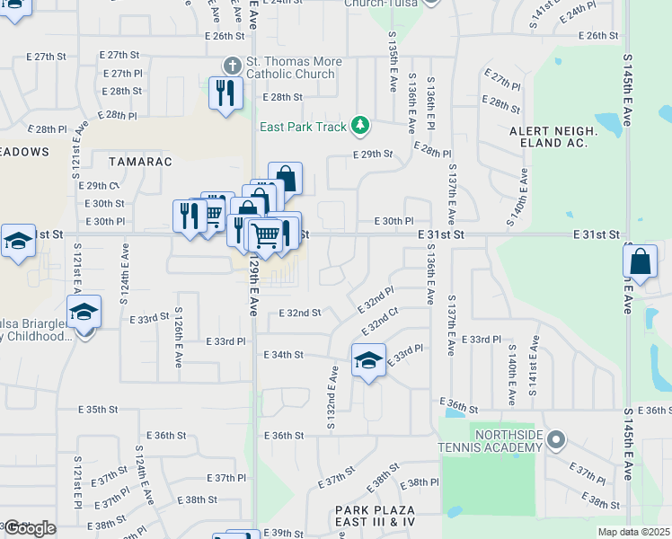 map of restaurants, bars, coffee shops, grocery stores, and more near 3166 South 133rd East Avenue in Tulsa
