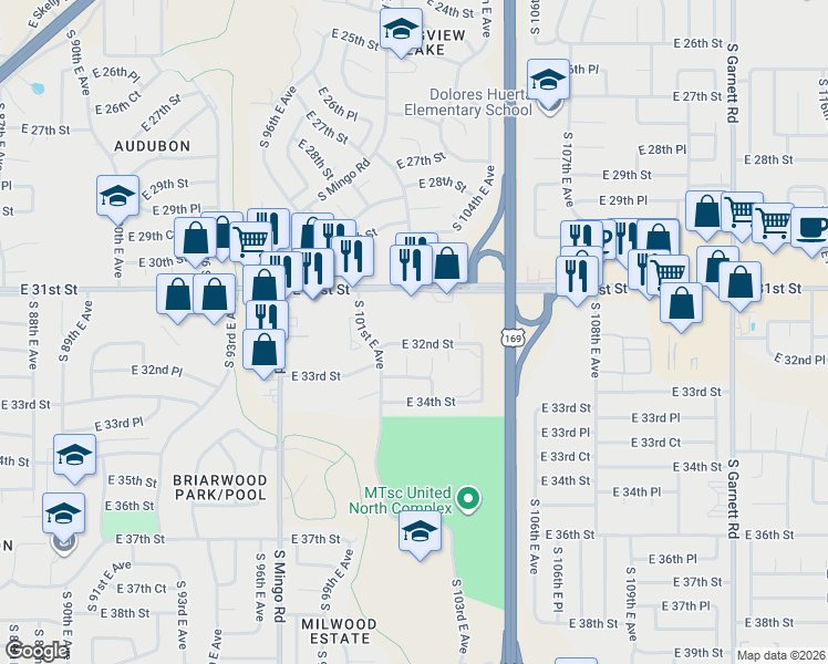 map of restaurants, bars, coffee shops, grocery stores, and more near 3203 South 101st East Place in Tulsa