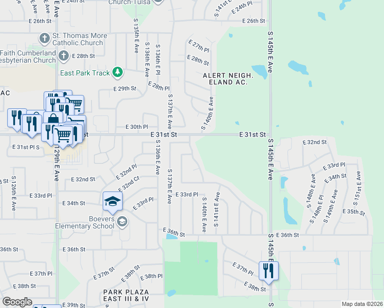 map of restaurants, bars, coffee shops, grocery stores, and more near 3221 South 140th East Avenue in Tulsa