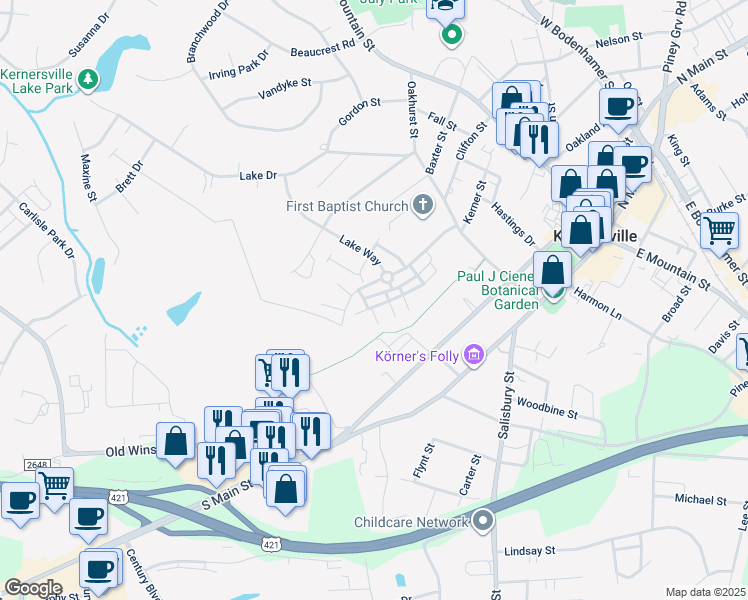 map of restaurants, bars, coffee shops, grocery stores, and more near 7208 McConnell Drive in Kernersville