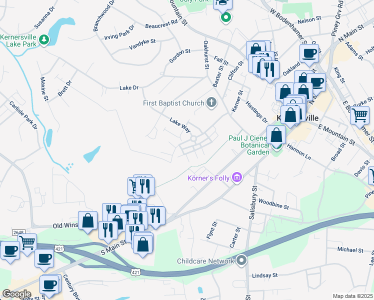 map of restaurants, bars, coffee shops, grocery stores, and more near 7208 McConnell Drive in Kernersville