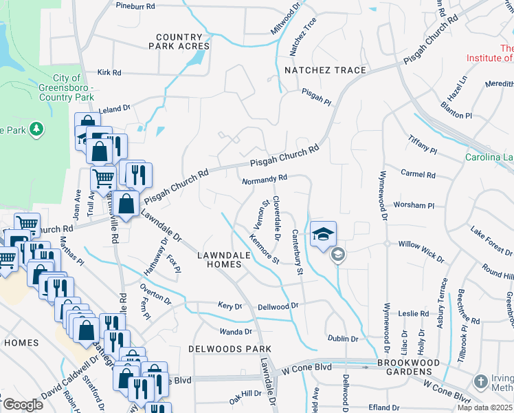 map of restaurants, bars, coffee shops, grocery stores, and more near 3509 Vernon Street in Greensboro