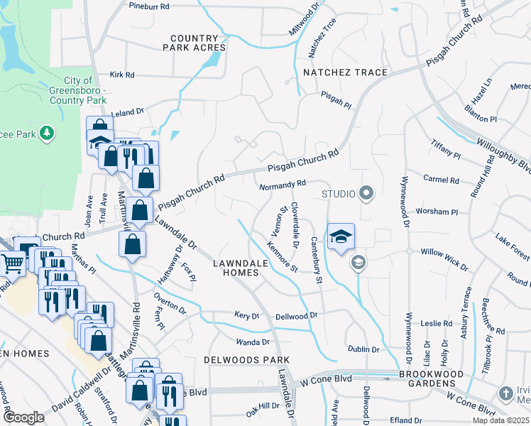 map of restaurants, bars, coffee shops, grocery stores, and more near 3505 Vernon Street in Greensboro