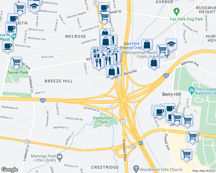 map of restaurants, bars, coffee shops, grocery stores, and more near 811 Gale Lane in Nashville