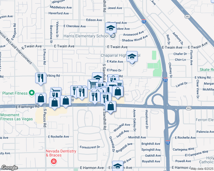 map of restaurants, bars, coffee shops, grocery stores, and more near 3950 South Sandhill Road in Las Vegas