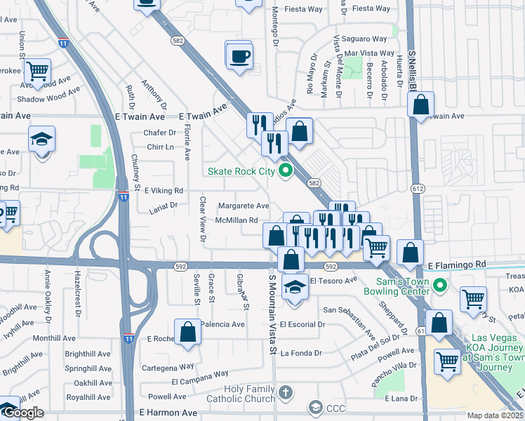 map of restaurants, bars, coffee shops, grocery stores, and more near 4589 McMillan Road in Las Vegas