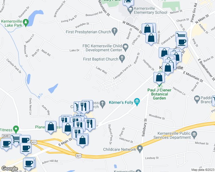 map of restaurants, bars, coffee shops, grocery stores, and more near 7308 McConnell Drive in Kernersville