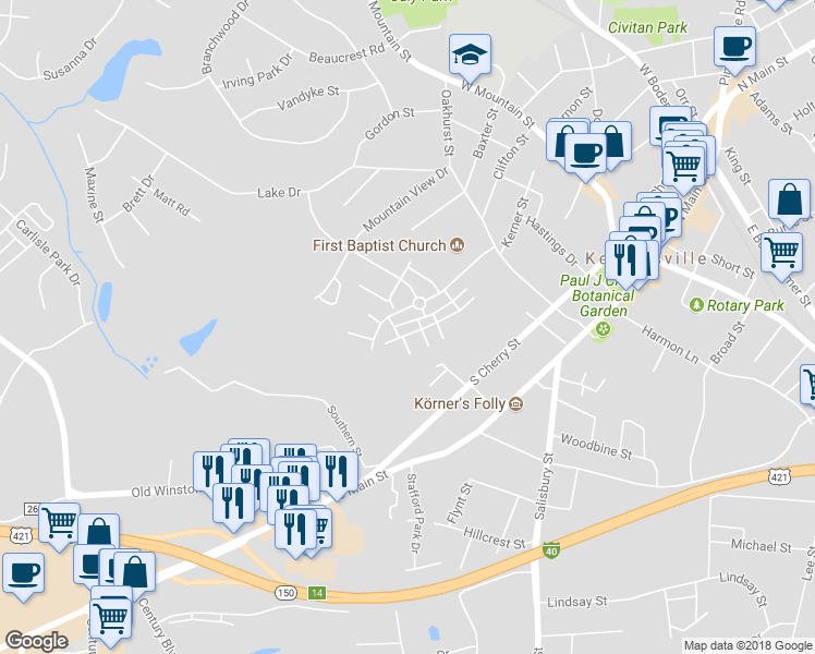map of restaurants, bars, coffee shops, grocery stores, and more near 7206 McConnell Drive in Kernersville