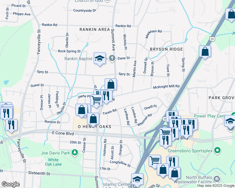 map of restaurants, bars, coffee shops, grocery stores, and more near 1611 McKnight Mill Road in Greensboro