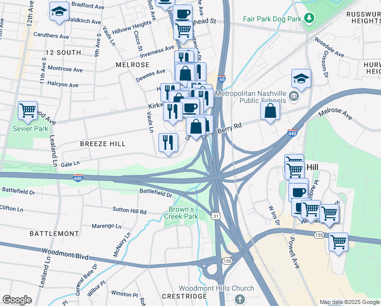 map of restaurants, bars, coffee shops, grocery stores, and more near 811 Gale Lane in Nashville