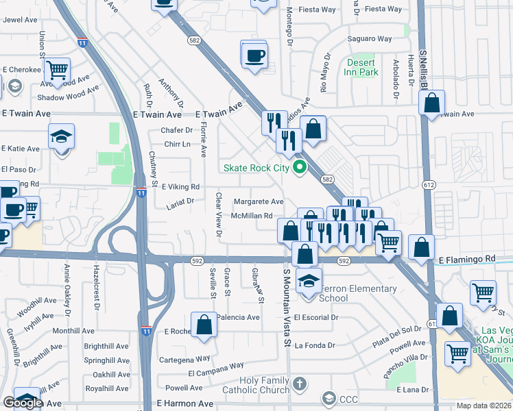 map of restaurants, bars, coffee shops, grocery stores, and more near 4533 McMillan Road in Las Vegas