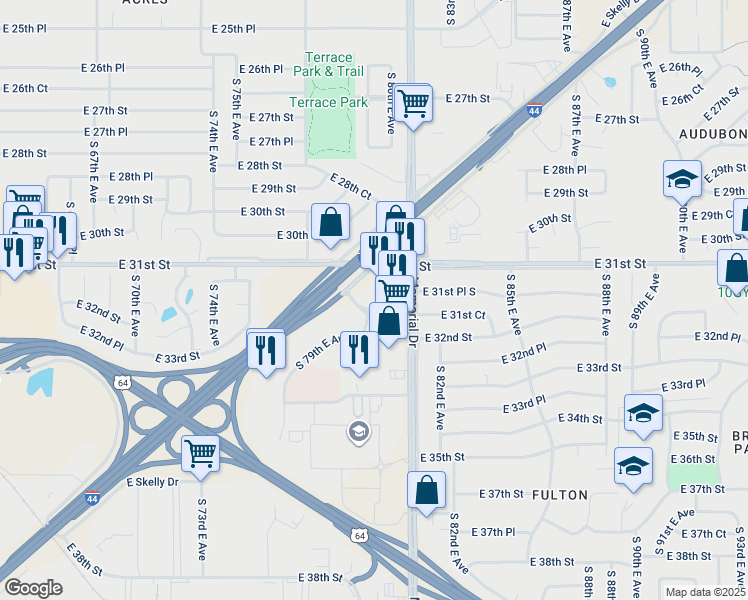 map of restaurants, bars, coffee shops, grocery stores, and more near 3202 South Memorial Drive in Tulsa