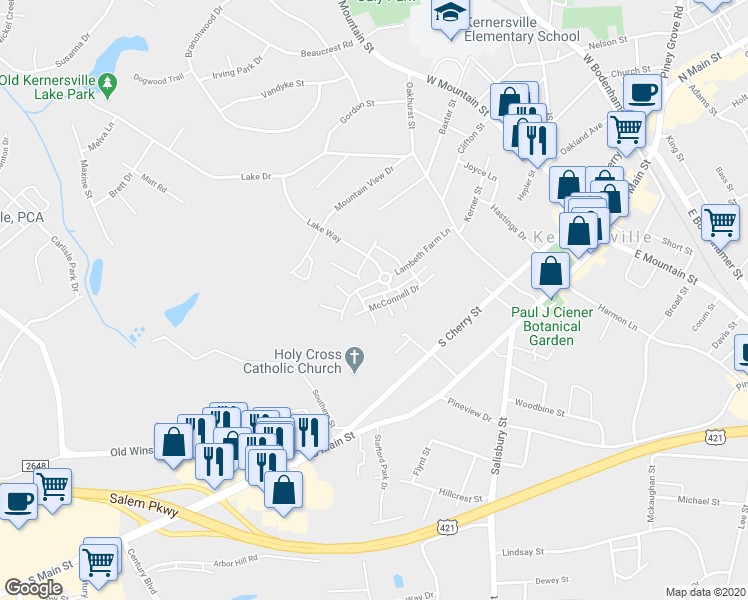 map of restaurants, bars, coffee shops, grocery stores, and more near 7306 McConnell Drive in Kernersville