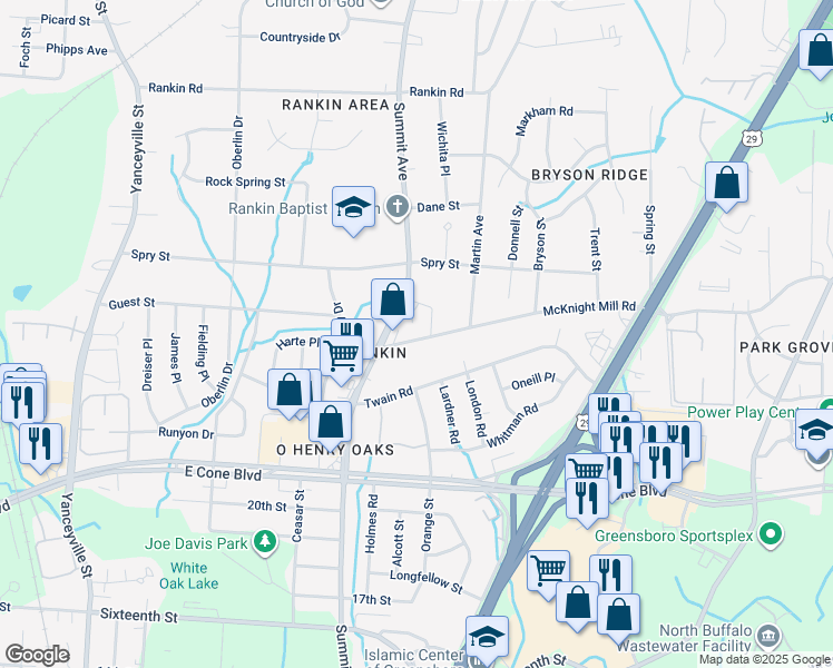 map of restaurants, bars, coffee shops, grocery stores, and more near 1611 McKnight Mill Road in Greensboro