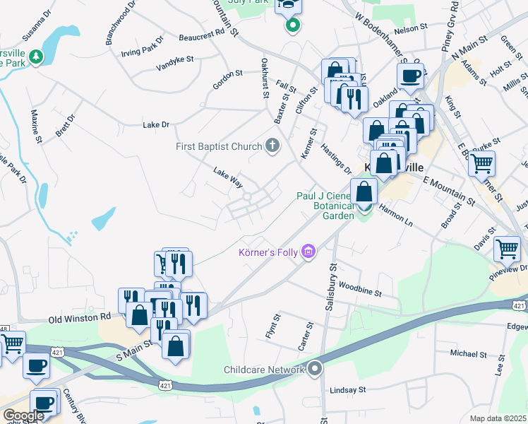 map of restaurants, bars, coffee shops, grocery stores, and more near 7312 McConnell Drive in Kernersville