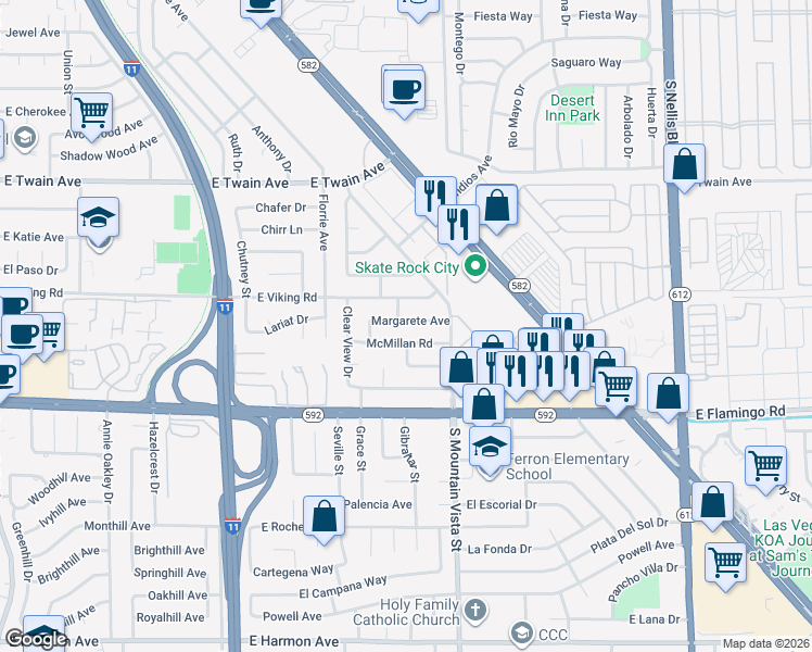 map of restaurants, bars, coffee shops, grocery stores, and more near 4533 McMillan Road in Las Vegas