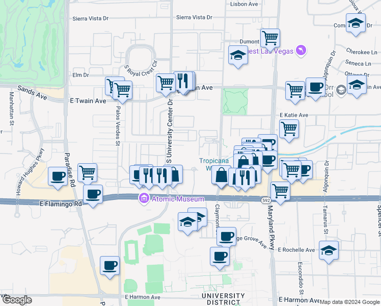 map of restaurants, bars, coffee shops, grocery stores, and more near Unnamed Road in Las Vegas