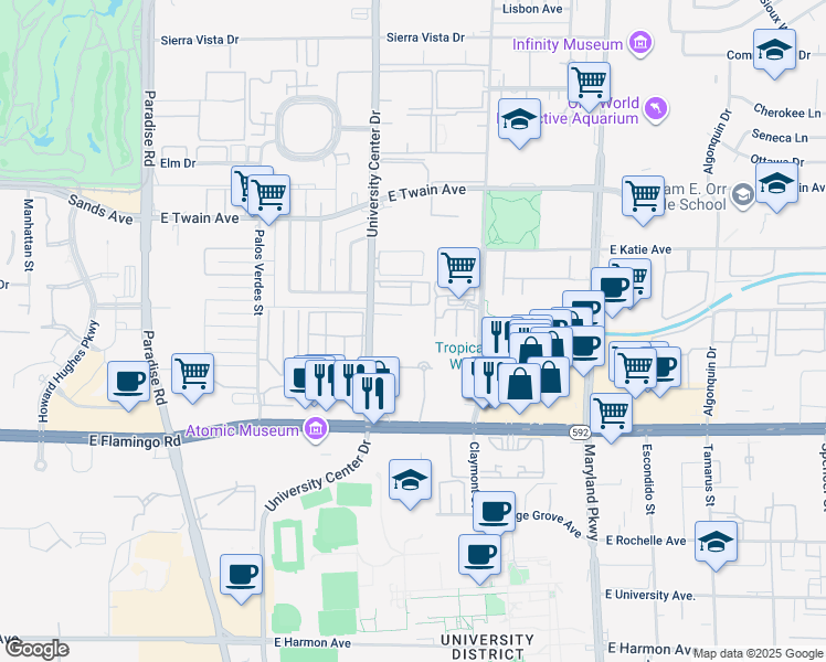 map of restaurants, bars, coffee shops, grocery stores, and more near Unnamed Road in Las Vegas