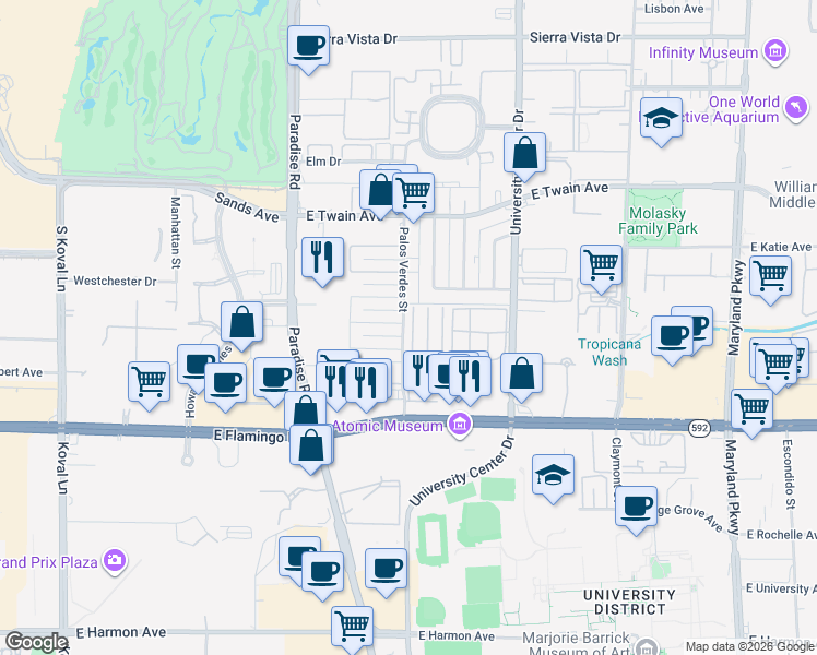 map of restaurants, bars, coffee shops, grocery stores, and more near 3978 Palos Verdes Street in Las Vegas