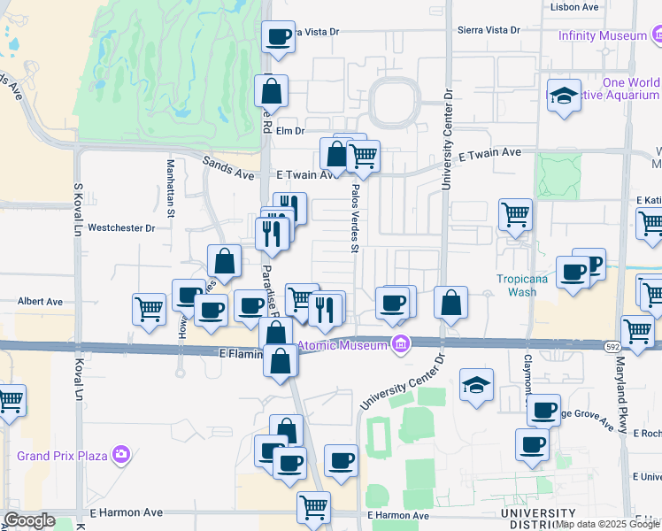 map of restaurants, bars, coffee shops, grocery stores, and more near 496 Albert Avenue in Las Vegas