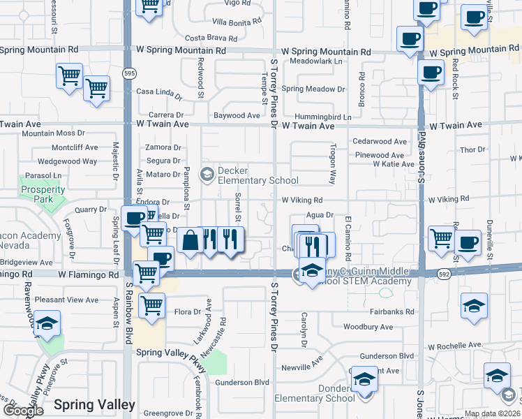 map of restaurants, bars, coffee shops, grocery stores, and more near 3965 South Torrey Pines Drive in Las Vegas