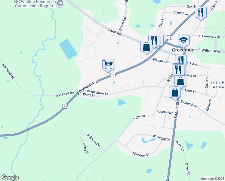 map of restaurants, bars, coffee shops, grocery stores, and more near 413 West Hillsboro Street in Creedmoor