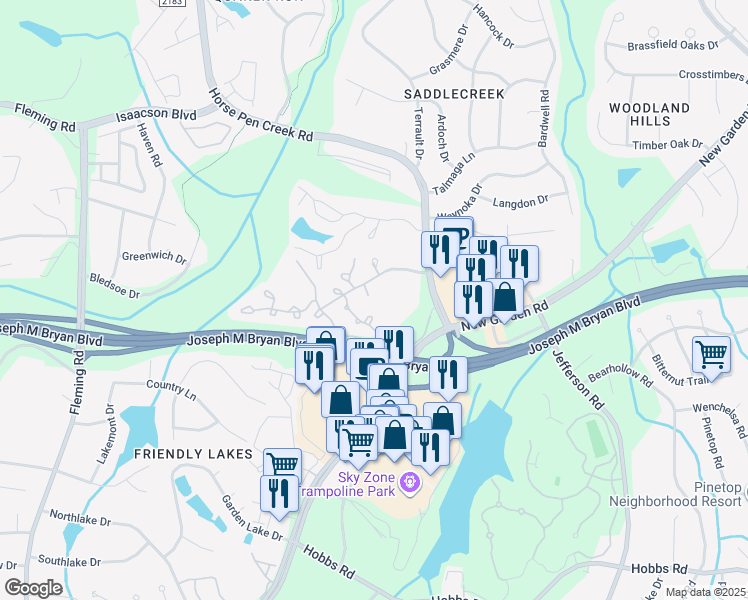 map of restaurants, bars, coffee shops, grocery stores, and more near 2710 North Keswick Way in Greensboro