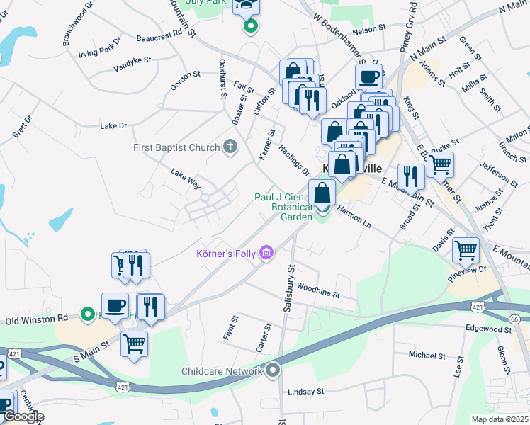 map of restaurants, bars, coffee shops, grocery stores, and more near 323 South Cherry Street in Kernersville