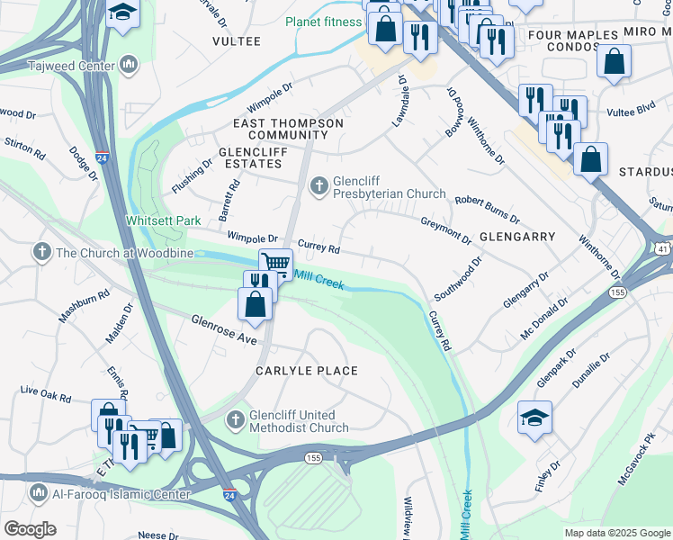 map of restaurants, bars, coffee shops, grocery stores, and more near 1000 East Thompson Lane in Nashville