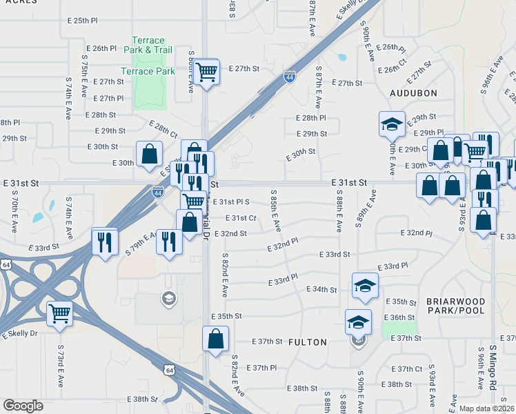 map of restaurants, bars, coffee shops, grocery stores, and more near 8179 East 31st Court in Tulsa