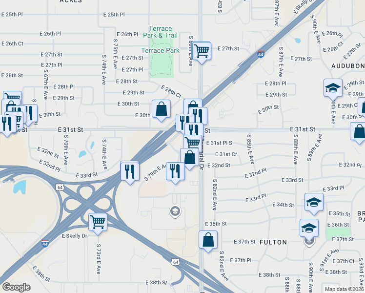 map of restaurants, bars, coffee shops, grocery stores, and more near 3202 South Memorial Drive in Tulsa