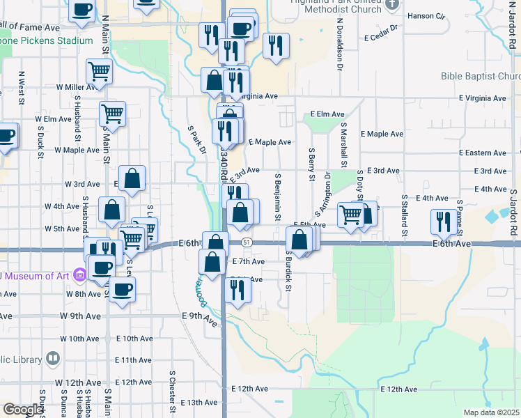 map of restaurants, bars, coffee shops, grocery stores, and more near 424 South Benjamin Street in Stillwater