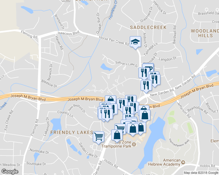 map of restaurants, bars, coffee shops, grocery stores, and more near 4406 Carly's Way in Greensboro