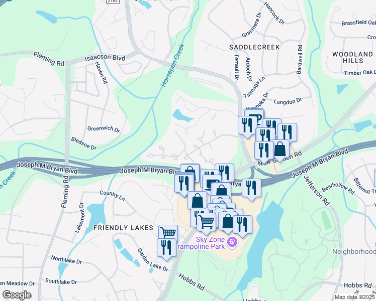 map of restaurants, bars, coffee shops, grocery stores, and more near 4406 Carly's Way in Greensboro