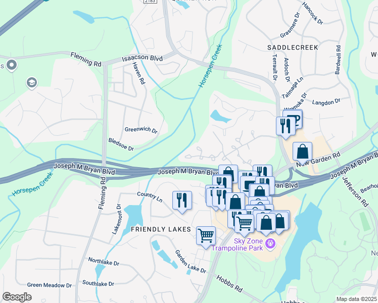 map of restaurants, bars, coffee shops, grocery stores, and more near 4549 Cross Ridge Lane in Greensboro