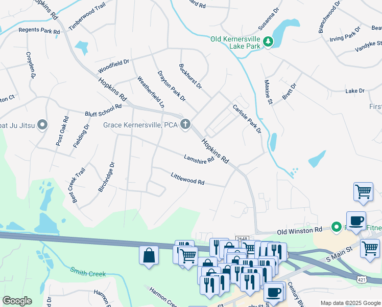 map of restaurants, bars, coffee shops, grocery stores, and more near 6464 Lamshire Road in Kernersville