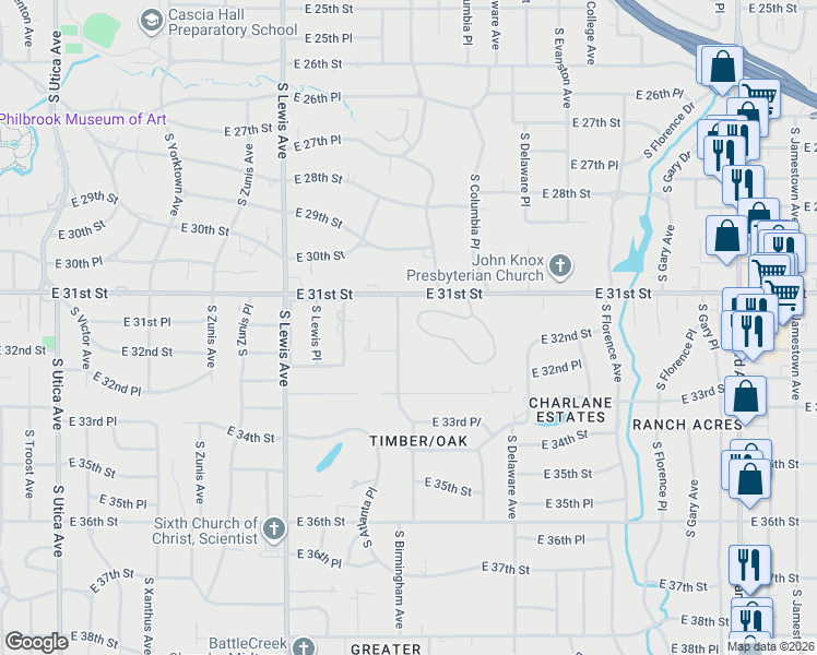 map of restaurants, bars, coffee shops, grocery stores, and more near 3142 South Birmingham Avenue in Tulsa