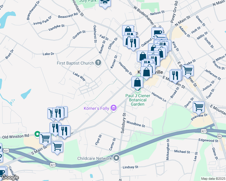map of restaurants, bars, coffee shops, grocery stores, and more near 310 South Cherry Street in Kernersville