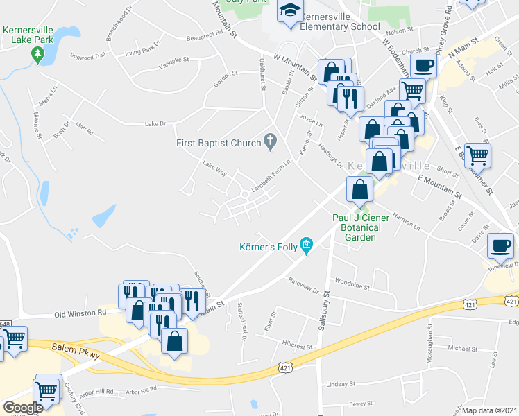 map of restaurants, bars, coffee shops, grocery stores, and more near 102 Richmond Terrace in Kernersville