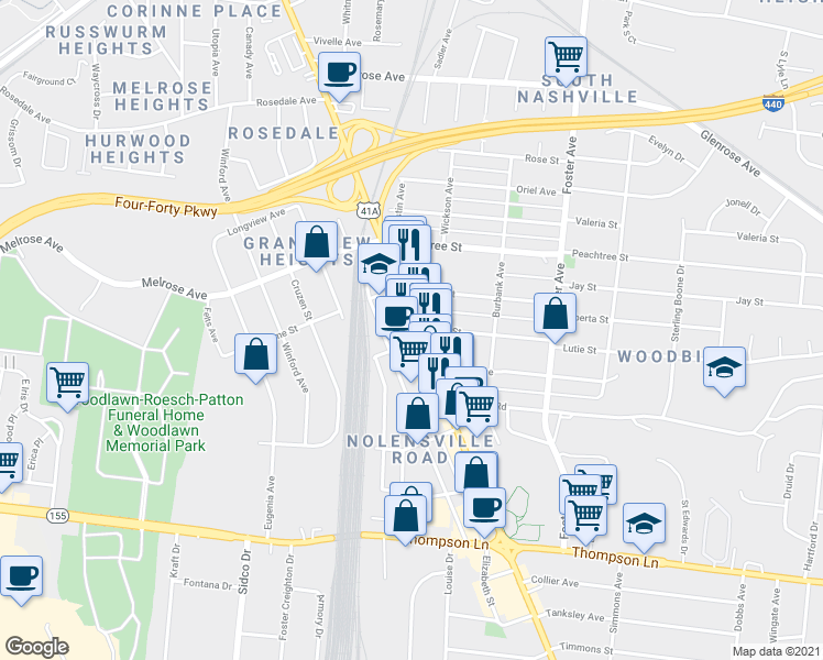 map of restaurants, bars, coffee shops, grocery stores, and more near 2600 Grandview Avenue in Nashville