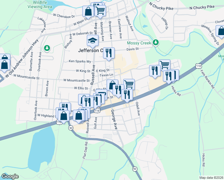 map of restaurants, bars, coffee shops, grocery stores, and more near 1417 George Avenue in Jefferson City
