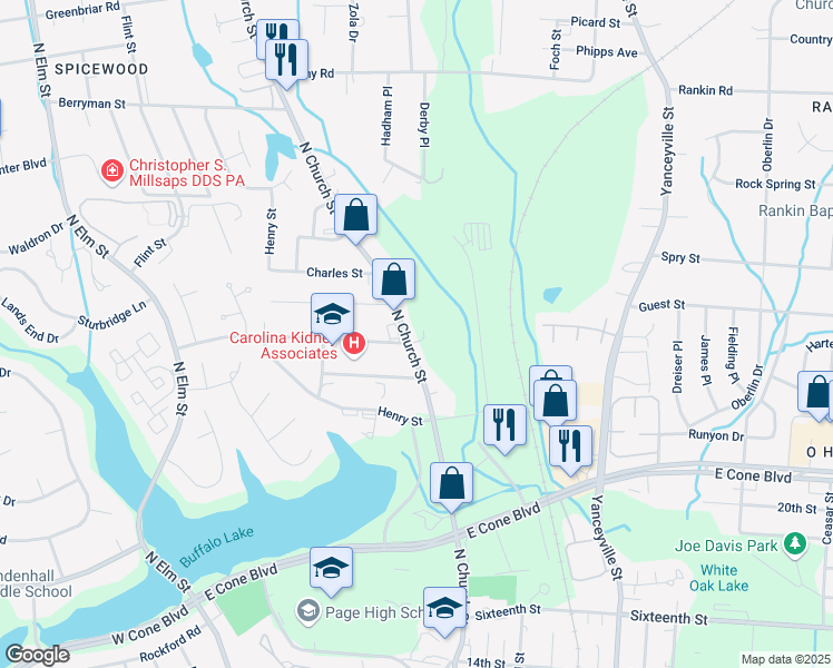 map of restaurants, bars, coffee shops, grocery stores, and more near 2802 North Church Street in Greensboro